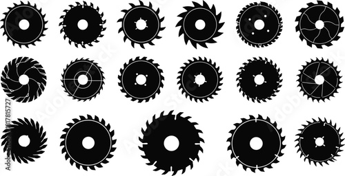 Set of black circular saw blade silhouettes, collection of round wood cutting discs, carpentry tool icons, construction hardware, isolated flat vector illustration