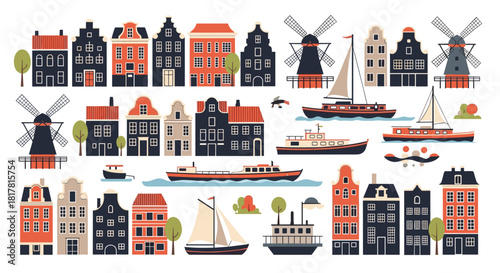 Whimsical cartoon illustration of Amsterdam-style houses, boats, and windmills creates a charming and colorful cityscape scene.