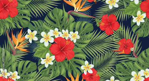 Vibrant tropical floral pattern with hibiscus, plumeria, and bird-of-paradise flowers among palm and monstera leaves on a dark background.