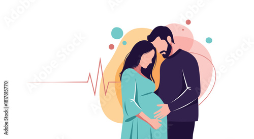 Vector illustration depicting a pregnant couple tenderly embracing, representing the love and anticipation of parenthood.
