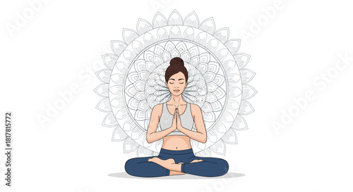 A woman in a lotus yoga pose sits in meditation, her hands pressed together in prayer, set against the backdrop of a mandala design.