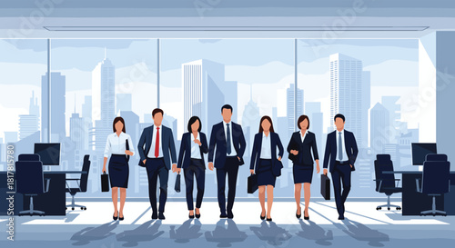 A diverse team of professionals walks confidently toward the viewer in a modern office space, representing business success and collaboration.