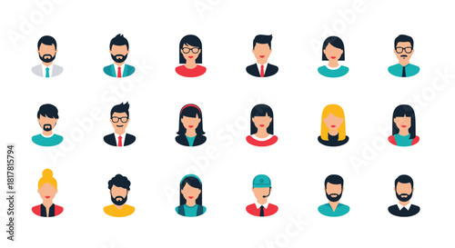 Diverse collection of flat-style vector avatars, representing different professions, genders, and ethnicities for website and application design.