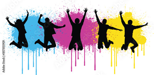 Silhouettes of five young people jumping high with arms raised over colorful CMYK paint splashes, symbolizing creative energy, freedom, and success.