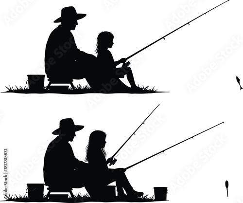 Family fishing silhouette vector illustration, parent and child with fishing rods, humorous catch icon, outdoor angling sport graphic design element for stock content