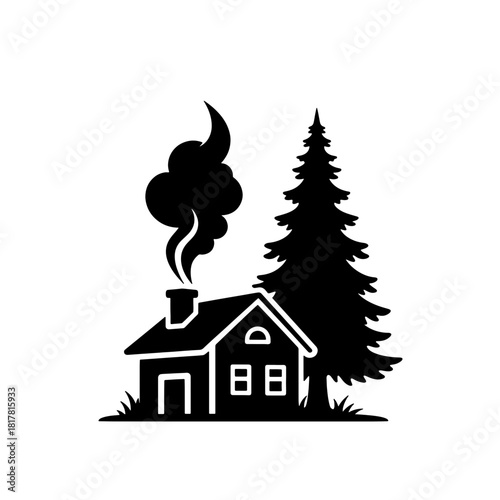 Silhouette of a cozy house with smoke coming from the chimney next to a tall evergreen tree design