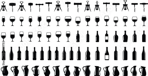 Set of wine accessory silhouettes, corkscrew openers, glasses, bottles and pitchers, restaurant bar menu icons, isolated black flat vector illustration