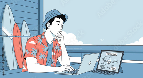 Digital nomad working remotely from a beachside vacation rental conceptual scene