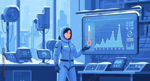 Researcher in arctic facility analyzes rising global temperatures displayed on screen