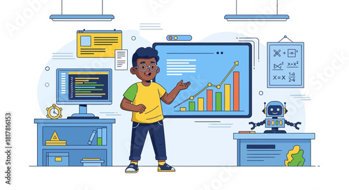 Young Innovator Presenting Data-Driven Insights in a Modern Tech Classroom Setting