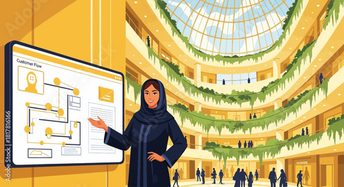 Arab businesswoman presenting customer flow in a grand shopping mall atrium