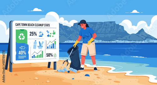 Volunteering beach cleanup at Cape Town with statistical infographics on display