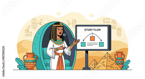 Ancient Egyptian storyteller presents a story flow chart with pyramids background