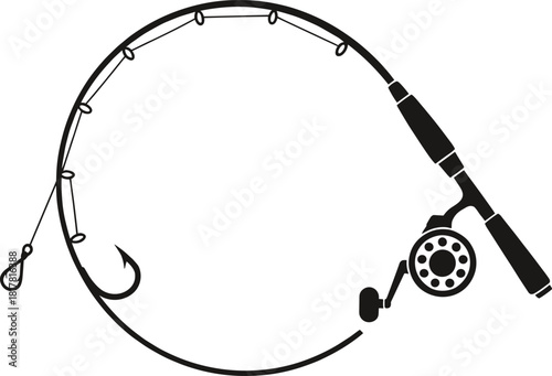 Fishing rod and reel silhouette vector illustration, curved line with hook icon, angling gear design element, outdoor sport equipment graphic concept