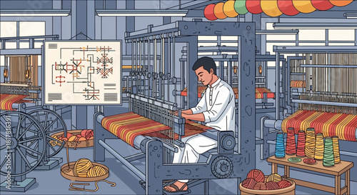 Detailed illustration showcasing a man weaving fabric on a traditional loom