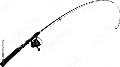 Fishing rod silhouette vector illustration with spinning reel and hook, angling gear design element, outdoor sport equipment graphic concept for stock content