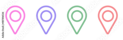 A set of colorful neon location map pin icons featuring pink, purple, green, and red glowing outlines, isolated on a white background, perfect for navigation and travel applications.