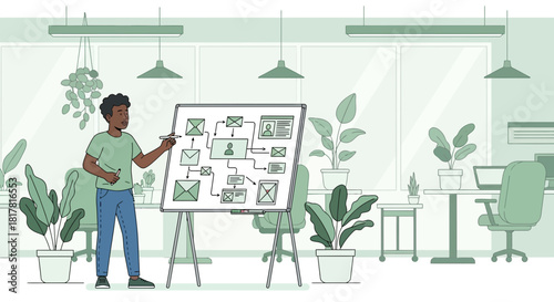 Modern office setting depicting an employee presenting a workflow chart on a whiteboard