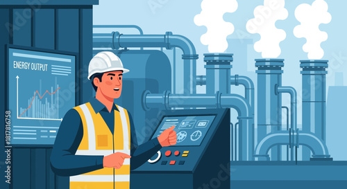 Illustration of Energy Plant Supervisor Monitoring Output from Control Panel