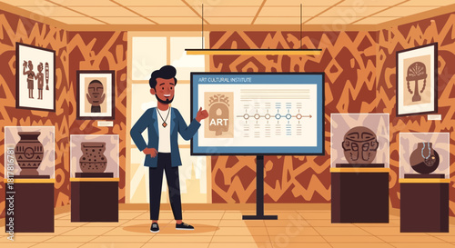 Engaging art docent leading a tour amidst artifacts in cultural institute