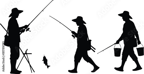Fishing silhouettes collection, anglers with rods and gear vector illustration, recreational outdoor activity artwork, sport fishing design, black and white composition set
