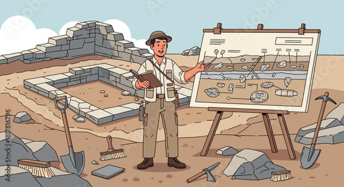 Illustrated archaeologist presenting an archaeological site analysis report