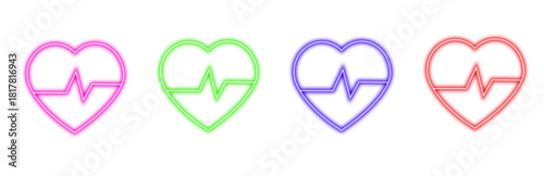 Multiple colorful neon heart icons with electrocardiogram or ekg lines representing health care medical cardiology and heartbeat monitoring on a white background with a glowing effect.