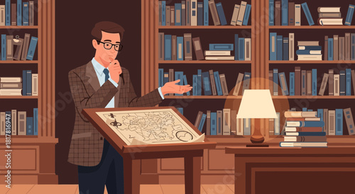 Historical strategist contemplating ancient map amidst library, envisioning campaigns