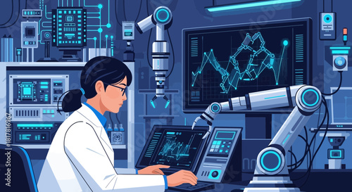 Woman Scientist Working in Advanced Robotics Research and Data Analysis