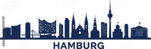 Hamburg city skyline silhouette, architectural landmarks, historic churches, modern buildings, television tower, Germany travel illustration, vector design of urban landscape