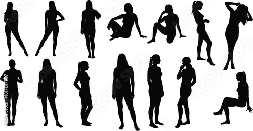 Human posture silhouettes, standing and sitting poses, leaning gestures, body language illustration, character design reference, vector set of human figures