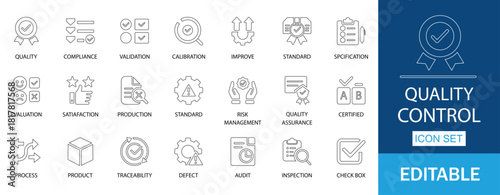 Quality Control line Icon Set. Features icons of improve, inspection, compliance, standard, and assurance. Perfect for business process management, and product testing.