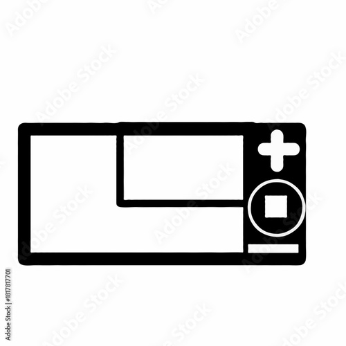 Illustration of a handheld gaming device with a screen, d-pad, and square button in black and white