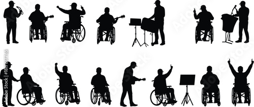 Inclusive music silhouettes, wheelchair performers, diverse musicians, singing and playing instruments, accessibility in arts, vector illustration of inclusive performance and teamwork