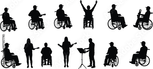 Inclusive music silhouettes, wheelchair performers, playing instruments, singing, teamwork, accessibility in arts, diverse musicians illustration, vector design of inclusive performance
