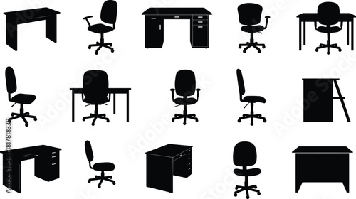  Office furniture silhouette vector set, desks and chairs collection illustration, workplace interior design elements, ergonomic office equipment icons for business, workspace planning