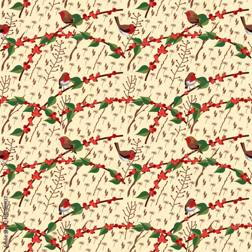 Beautiful bird pattern, birds with bright orange and red breasts, little robin, hand-drawn seamless vector pattern, English national bird, warm yellow background, delicate rosehip branches, EPS