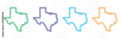 Colorful neon outline set of Texas maps, with multiple glowing variants, perfect for illustrating geography, travel, and USA pride isolated on transparent background.