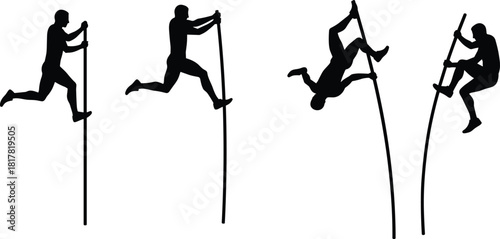 Pole vaulting silhouette vector illustration sequence, athlete jumping with pole icon, track and field sport graphic design element for stock content