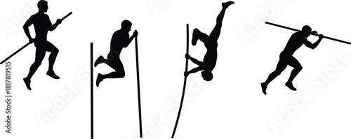 Pole vault silhouettes, athlete running with pole, planting and lifting, inverted ascent, clearing bar, track and field sports vector illustration sequence