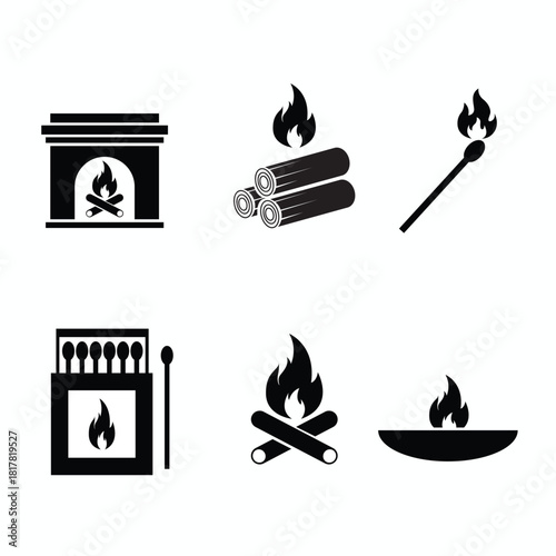 Fire and Ignition Elements Vector Set Featuring Lighters Candles Matches Campfire Logs and Fireplace Flames 2