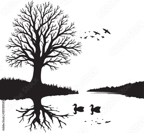 Bare tree with roots and reflection two ducks and flock of birds