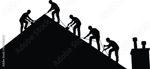 Roof construction workers silhouettes, hammering, laying shingles, securing materials, safety helmets, teamwork on sloped rooftop, building site labor, vector illustration of roofing work