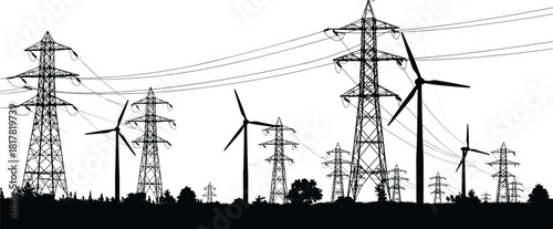 Renewable energy and electrical infrastructure silhouette vector illustration, wind turbines with transmission towers, sustainable power grid icon, industrial energy graphic design element