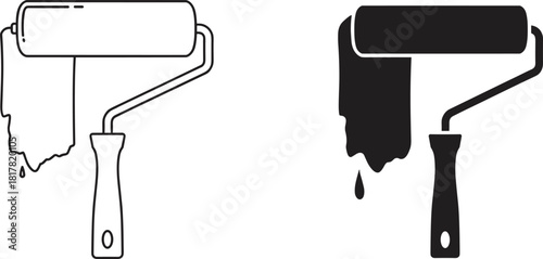 Silhouette and outline paint rollers with dripping paint, construction and renovation tools for wall painting, home improvement, decorating, and professional DIY equipment