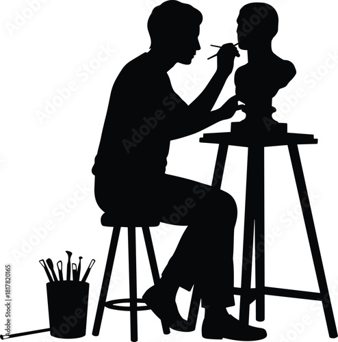 Silhouette artist sculpting bust on pedestal with tools, creative craftsman working in studio, representing fine art, craftsmanship, and traditional sculpture process