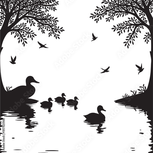 Black silhouette ducks and birds by trees on water