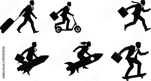 Silhouette business people with briefcases using suitcase, scooter, skateboard, and rockets, symbolizing progress, innovation, speed, career growth, and professional success