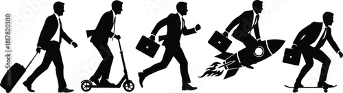 Silhouette businessperson with briefcase walking, riding scooter, running, flying on rocket, and skateboarding, symbolizing commuting, innovation, speed, and professional career growth