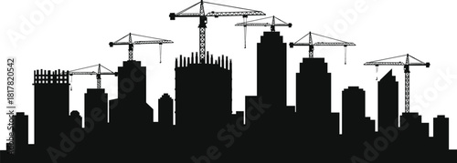 Silhouette city skyline with diverse high‑rise buildings and multiple construction cranes, urban development scene symbolizing modern architecture, infrastructure growth, and metropolitan expansion